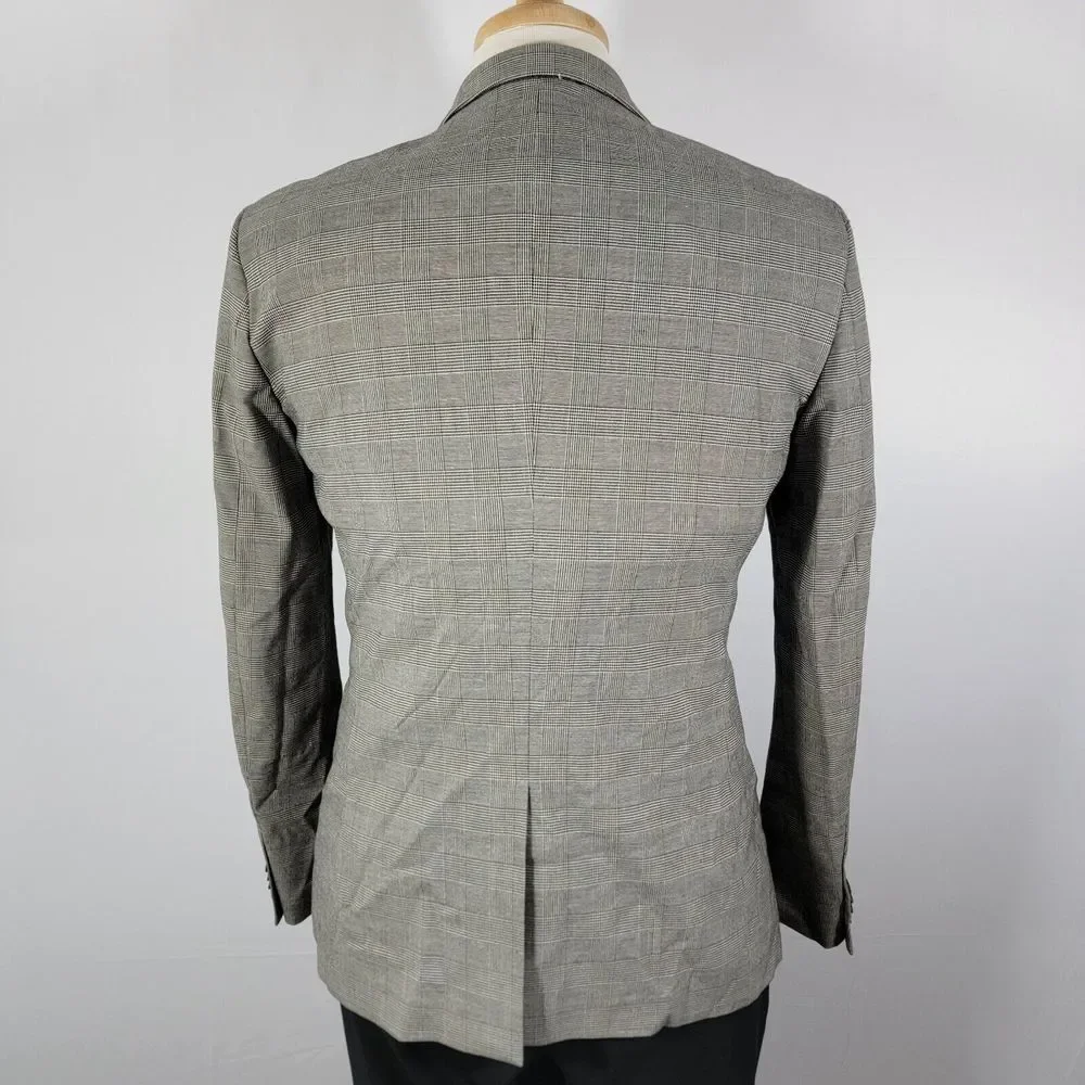 H&M Men's Sport Coat Blazer One Button Gray Plaid Polyester Blend Skinny Fit 40R